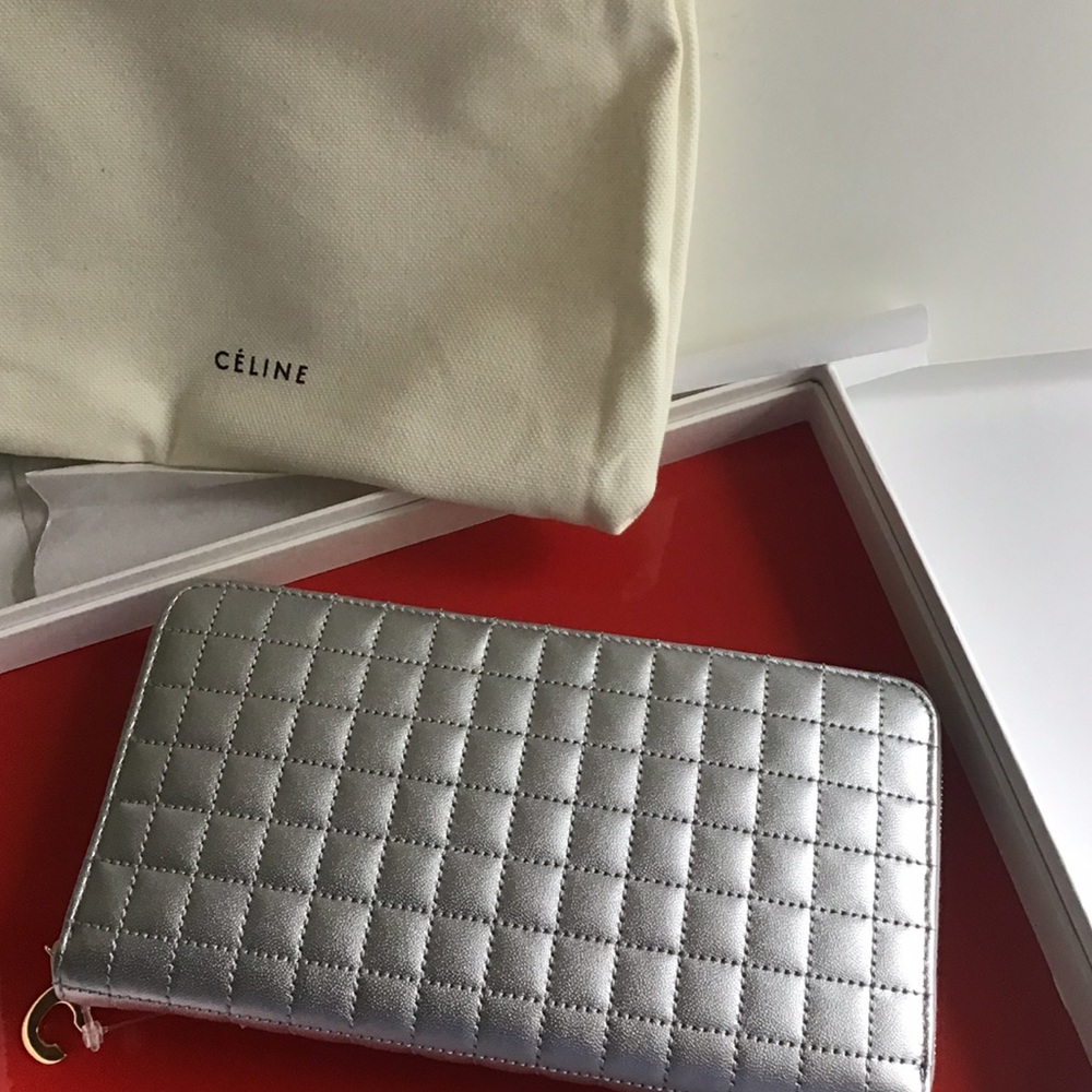 CELINE Paris Metallic Quilted Zipper Clutch/Wallet, Silver